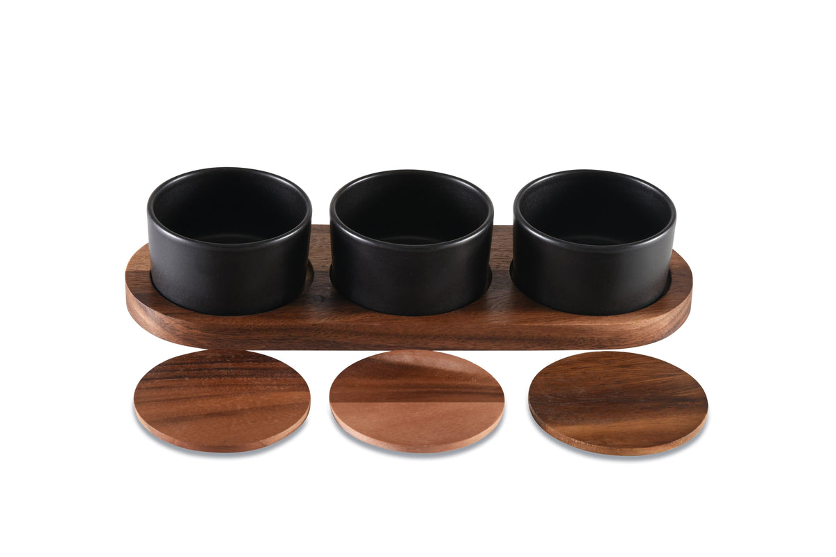 Ceramic Condiment Bowl Set with Acacia Wood Tray & Lids