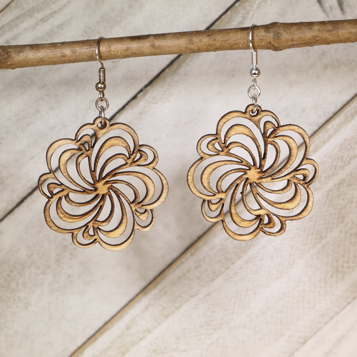 Floral Swirl Wooden Dangle Earrings | Boho Flower Filigree Jewelry