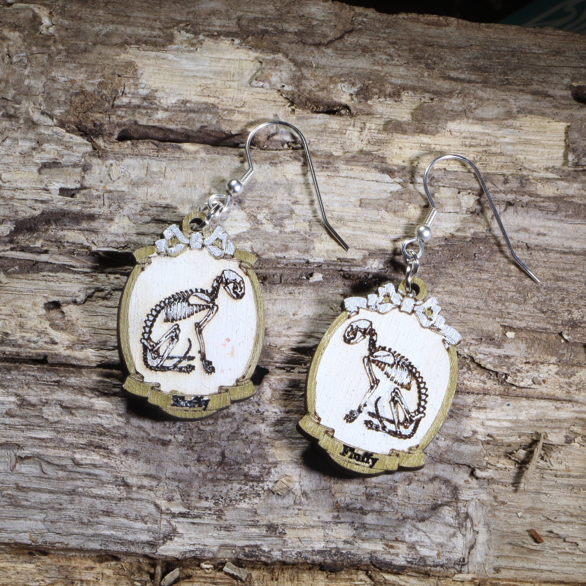 Cat Skeleton Cameo Wooden Dangle Earrings | Gothic Jewelry