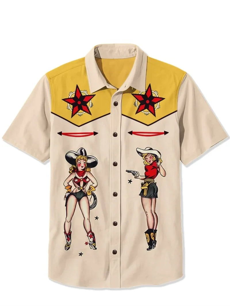 Giddy Up Cowgirl Retro Pin-Up Men's Shirt — Western Camp Collar Button-Down