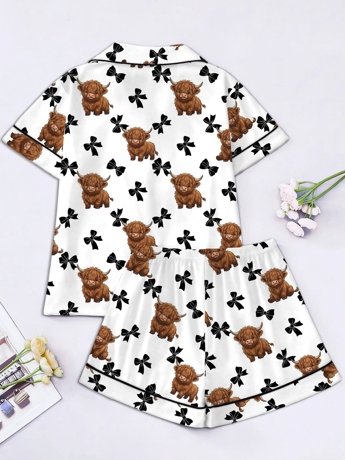 Highland Cow & Black Bow Women's Pajama Set — Short Sleeve Top & Shorts