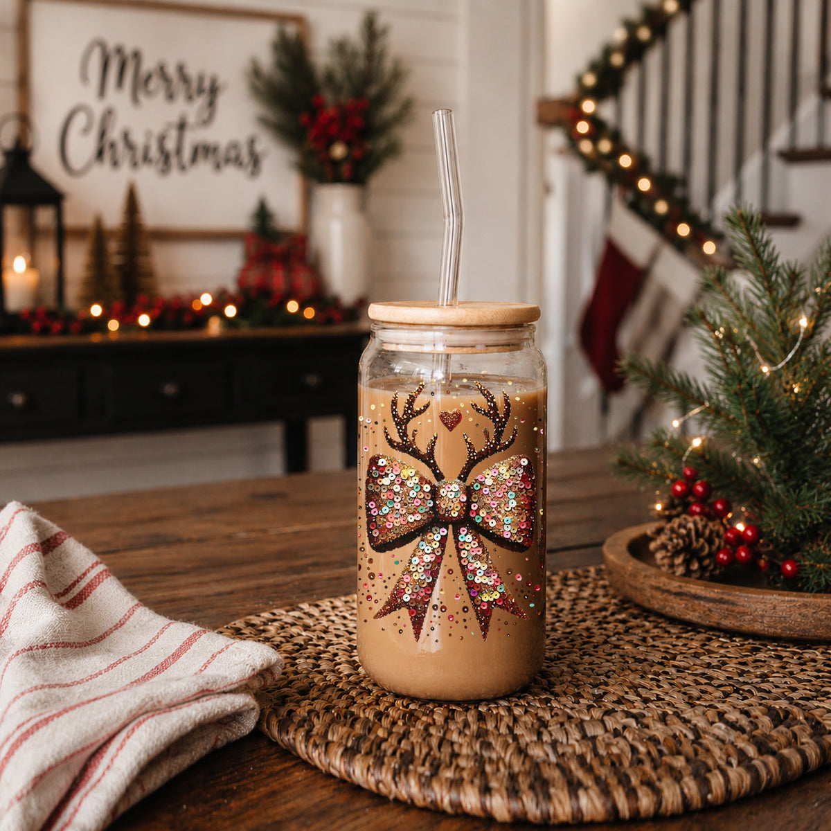 Reindeer Antlers & Sequin-Style Bow 17 oz Glass Tumbler