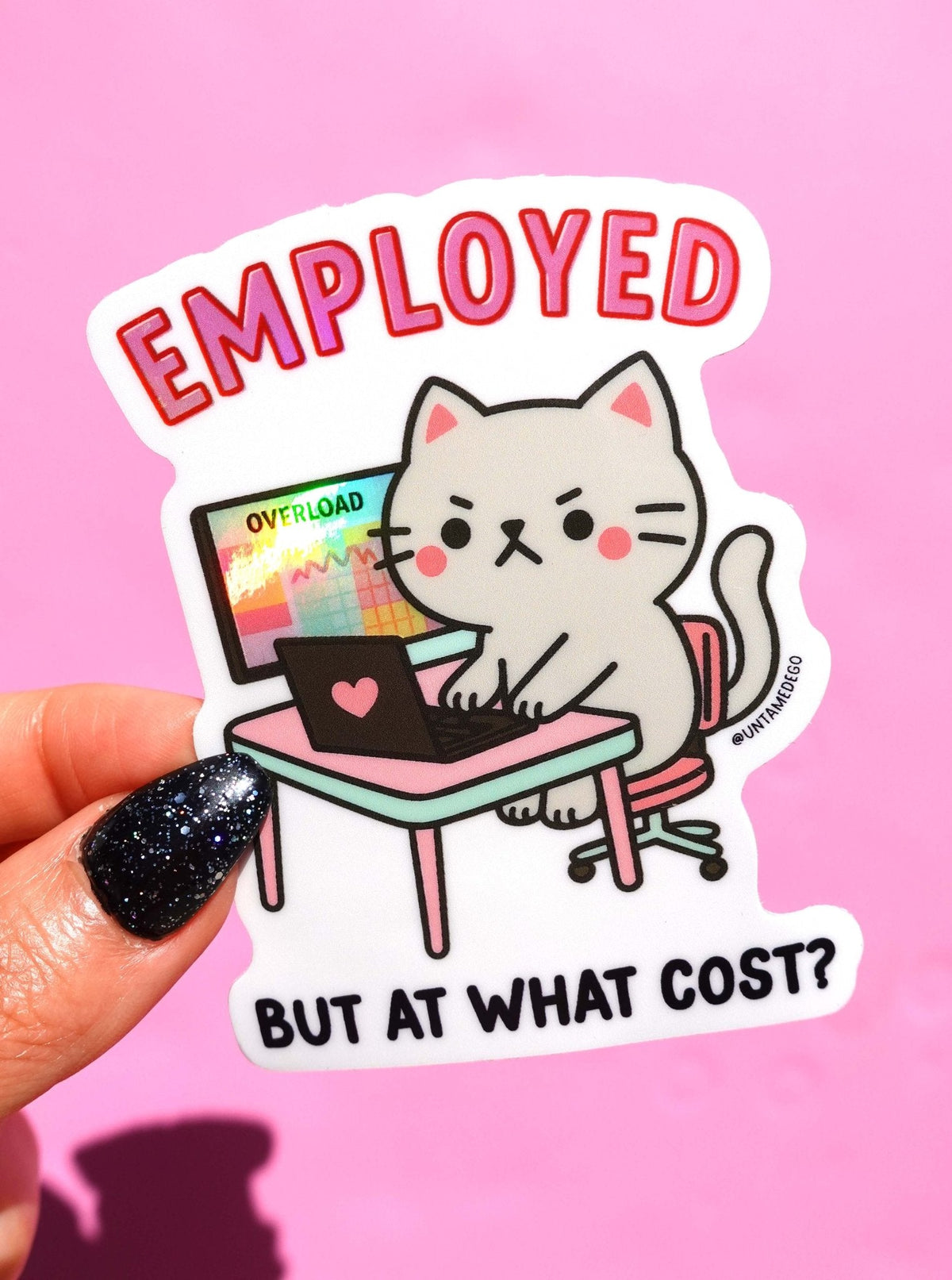 Employed But At What Cost Angry Kitty Vinyl Sticker | Funny Work Sticker