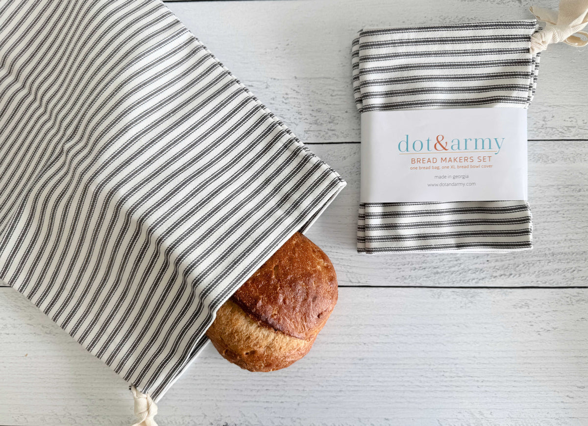 Grey Ticking Stripe Reusable Bread Bags – Set of 2