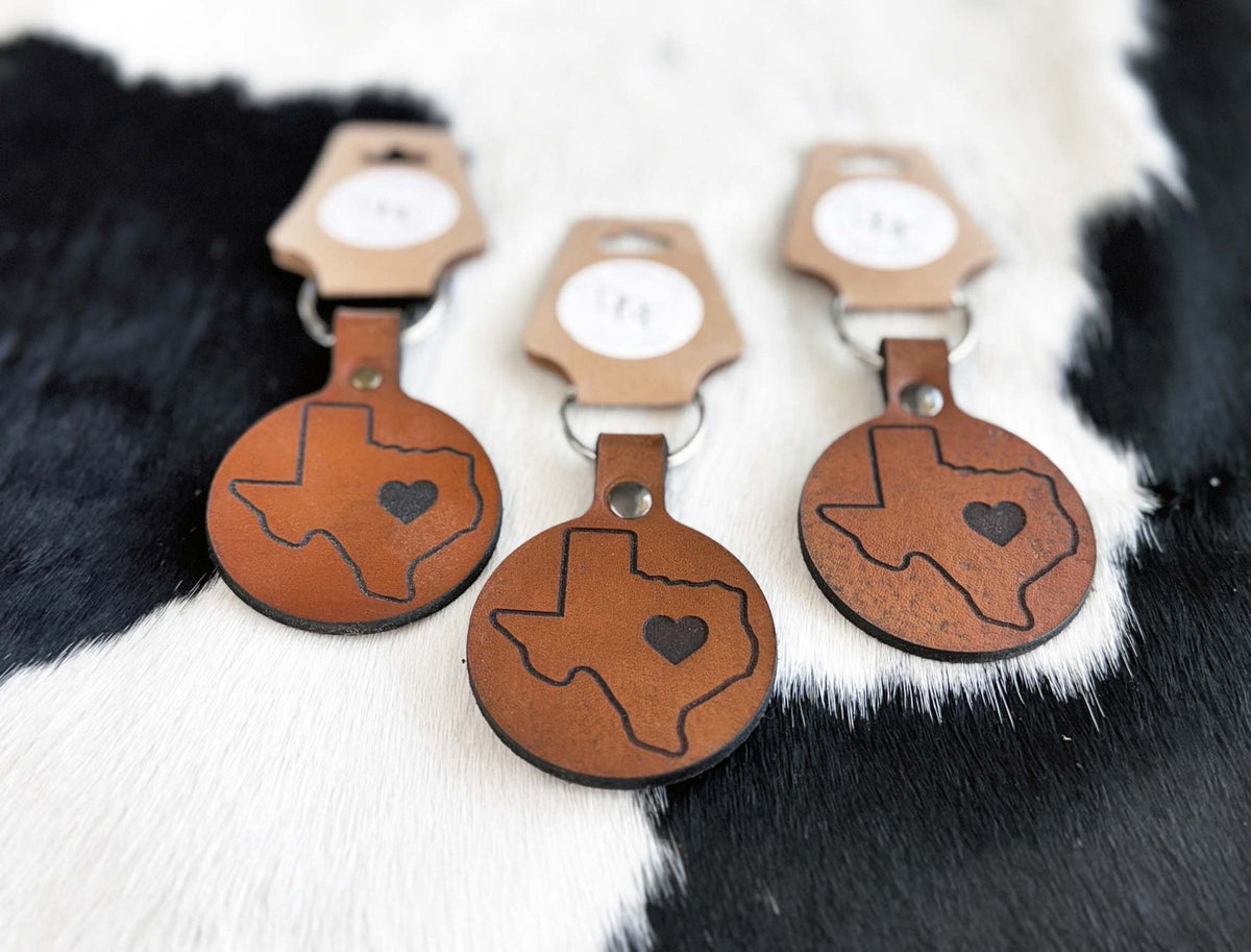 Texas w/ Heart Leather Keychain