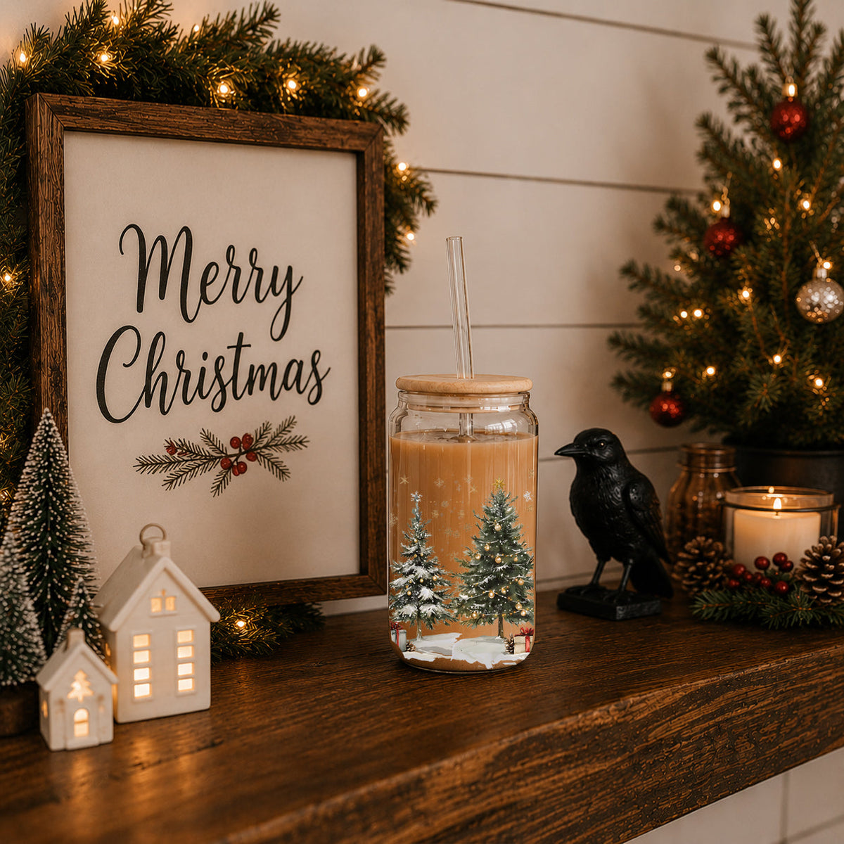Snowy Christmas Tree & Presents 17 oz Glass Tumbler