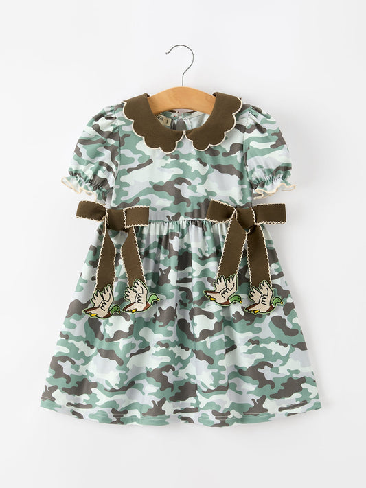 Fall Camo Bow Puff Sleeve Twirl Dress