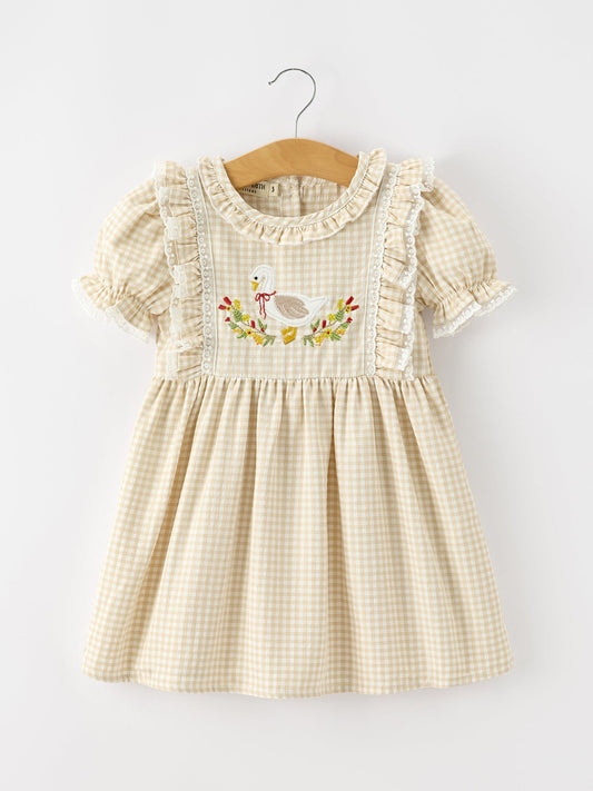 Embroidered Goose Plaid Ruffle Dress