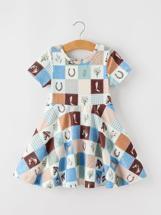 Western Horse Patchwork Twirl Dress