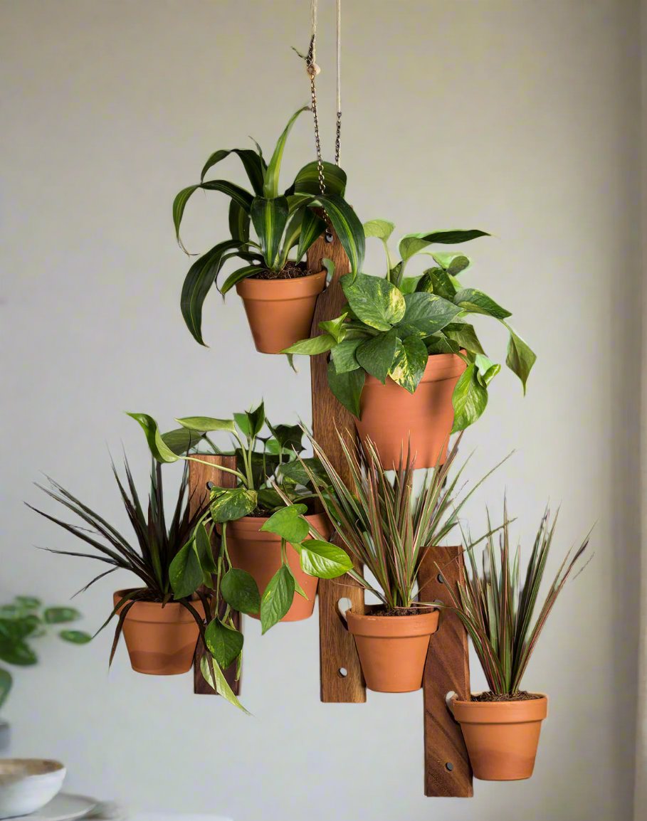 Acacia Wood Hanging Plant Holder – 6 Pot Display Set