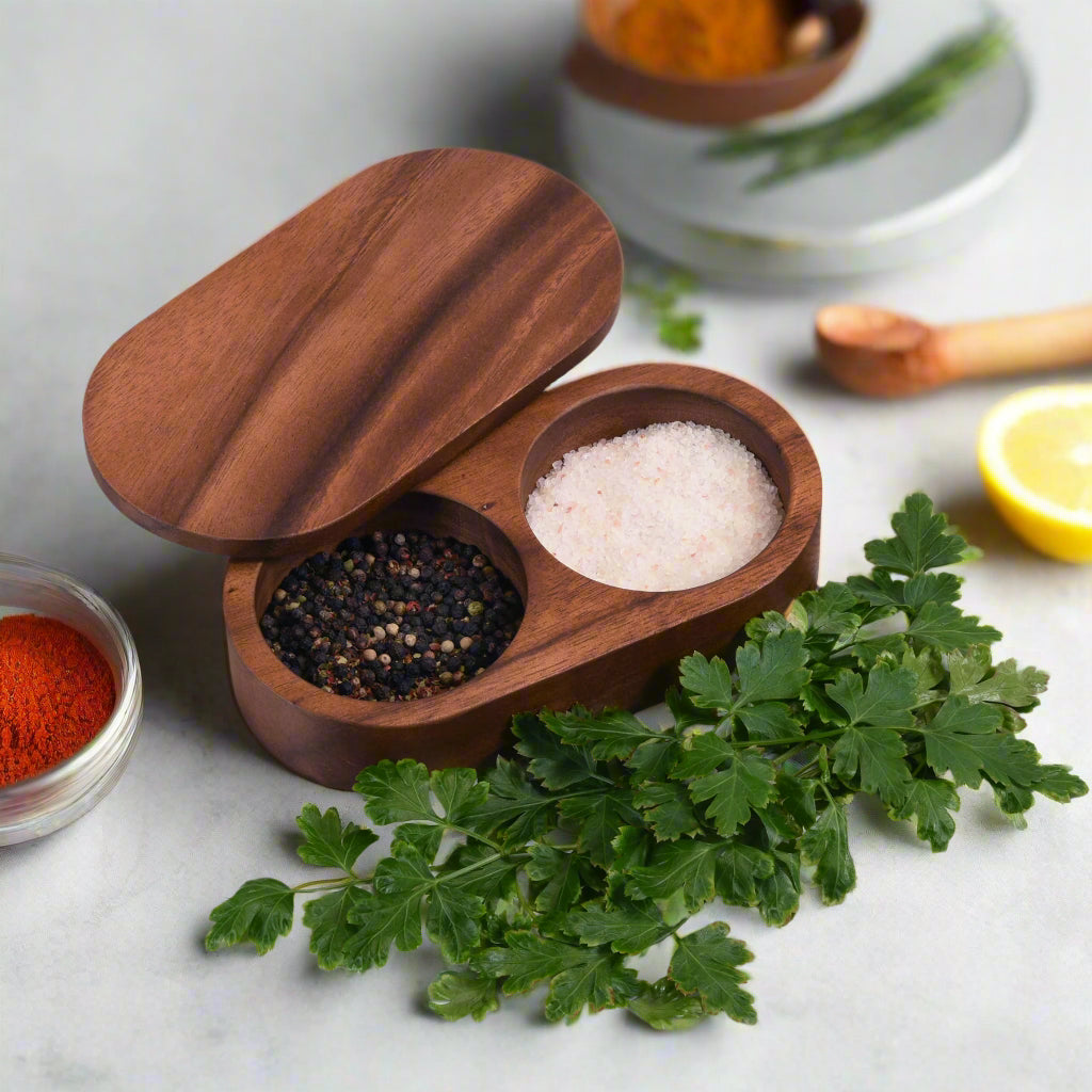 Acacia Wood Salt & Pepper Pinch Pot with Swivel Lid