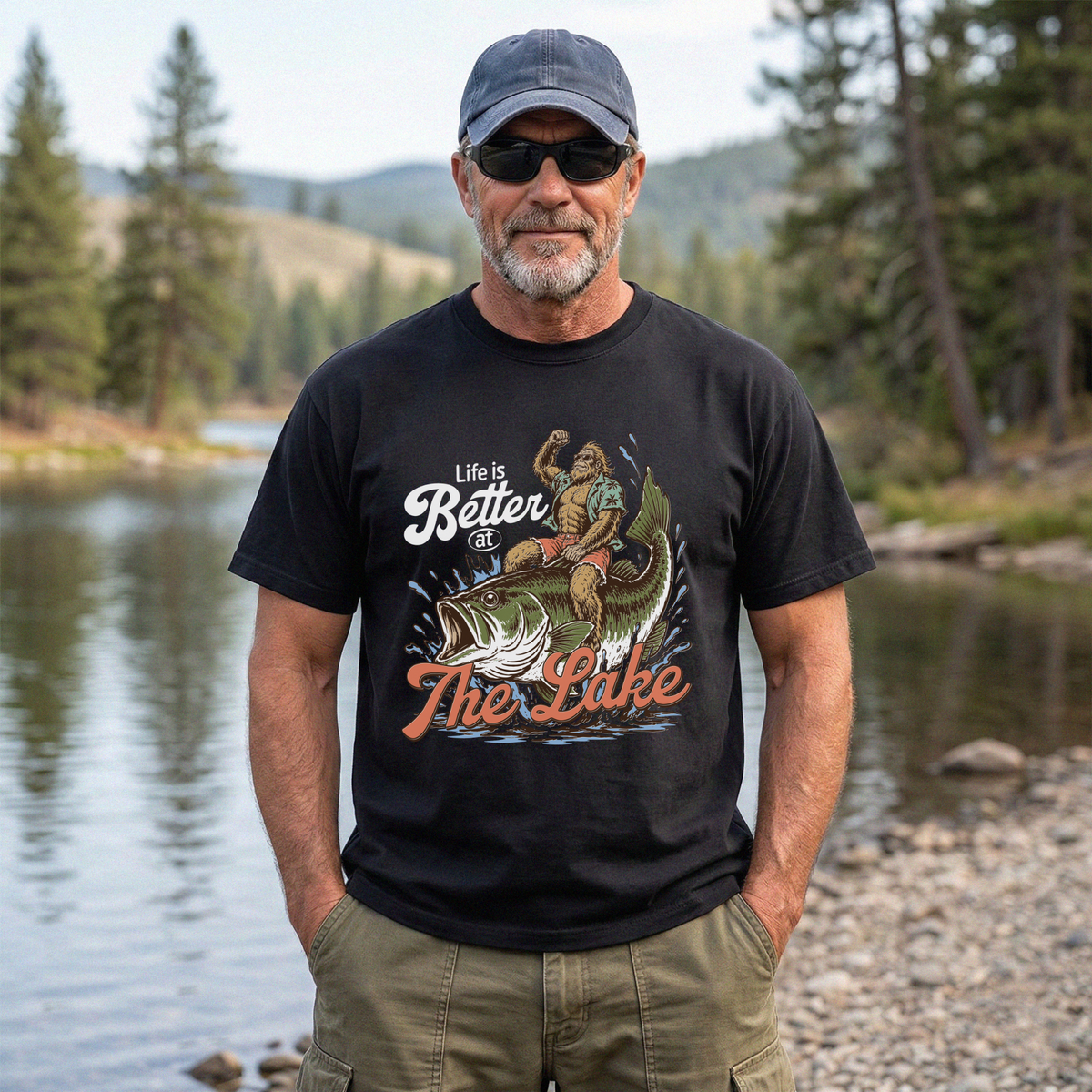 Life Is Better at the Lake | Sasquatch Fishing Graphic T-Shirt