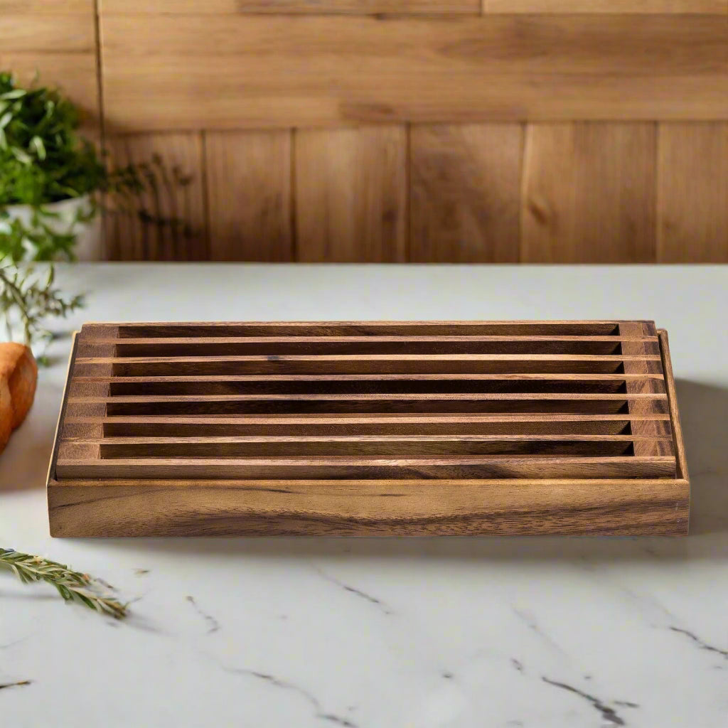 Acacia Wood 3-in-1 Bread Tray, Trivet & Crumb Catcher