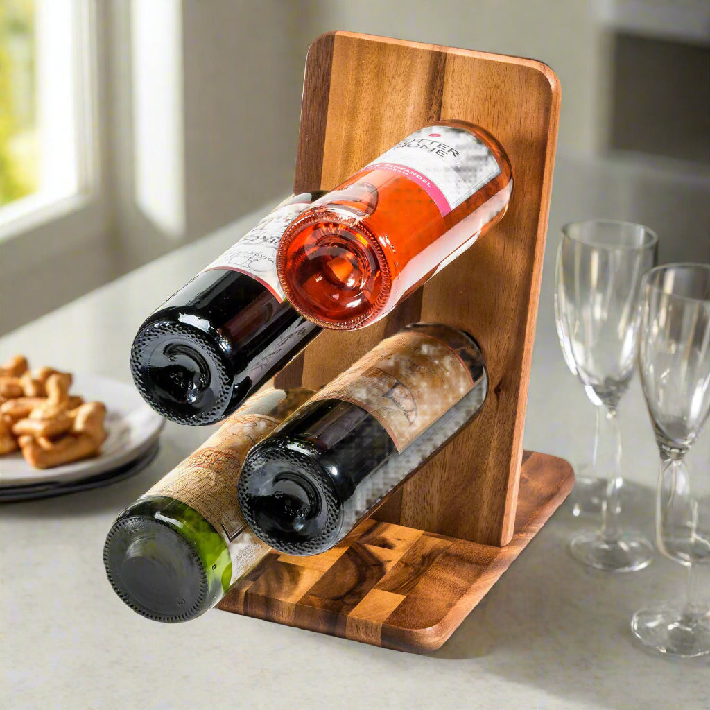 Acacia Wood Floating Wine Bottle Holder – Holds 4 Bottles