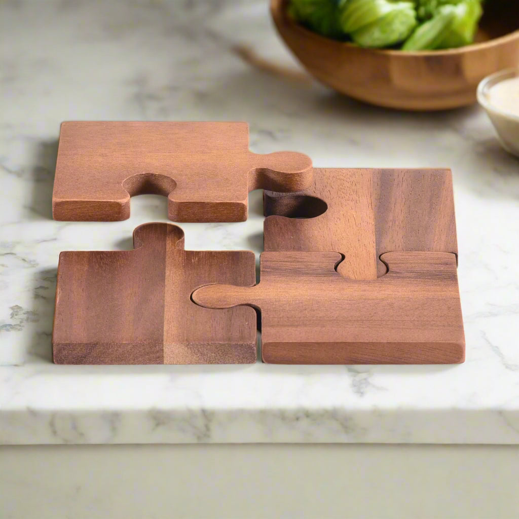 Acacia Wood Puzzle Piece Coasters & Trivet – Set of 4