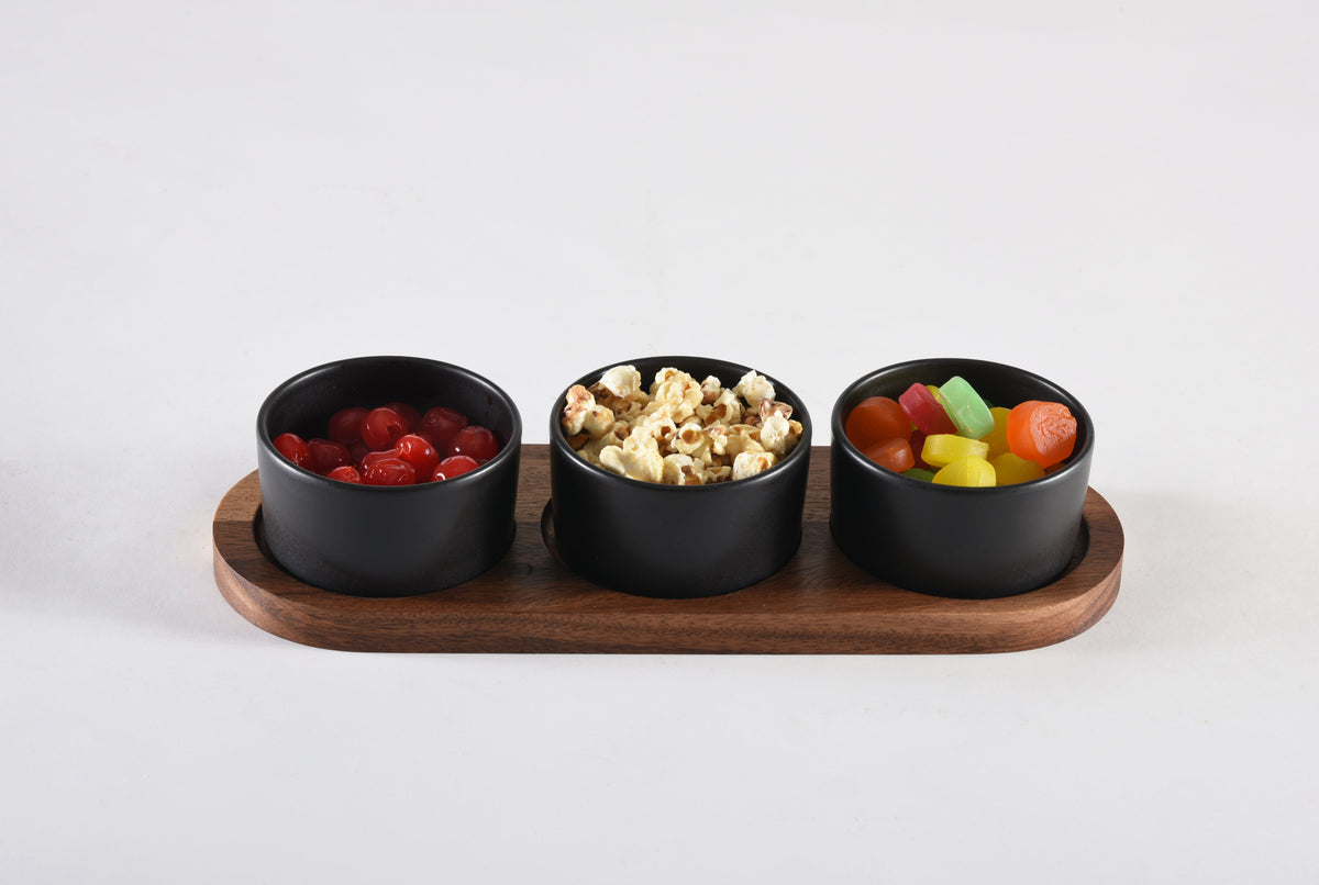 Ceramic Condiment Bowl Set with Acacia Wood Tray & Lids