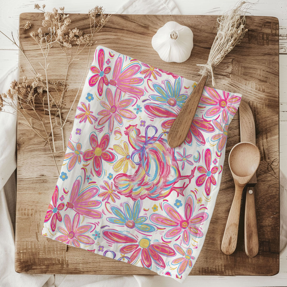 Boho Floral Chicken Kitchen Towel