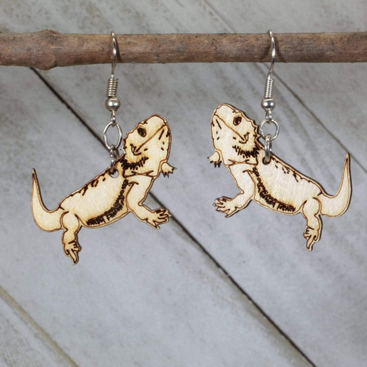Bearded Dragon Wooden Dangle Earrings | Lizard Jewelry