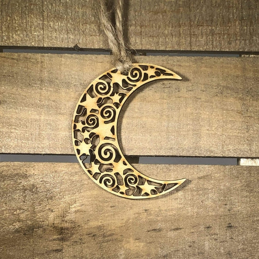 Bohemian Crescent Moon Wooden Christmas Ornament | Celestial Holiday Decor