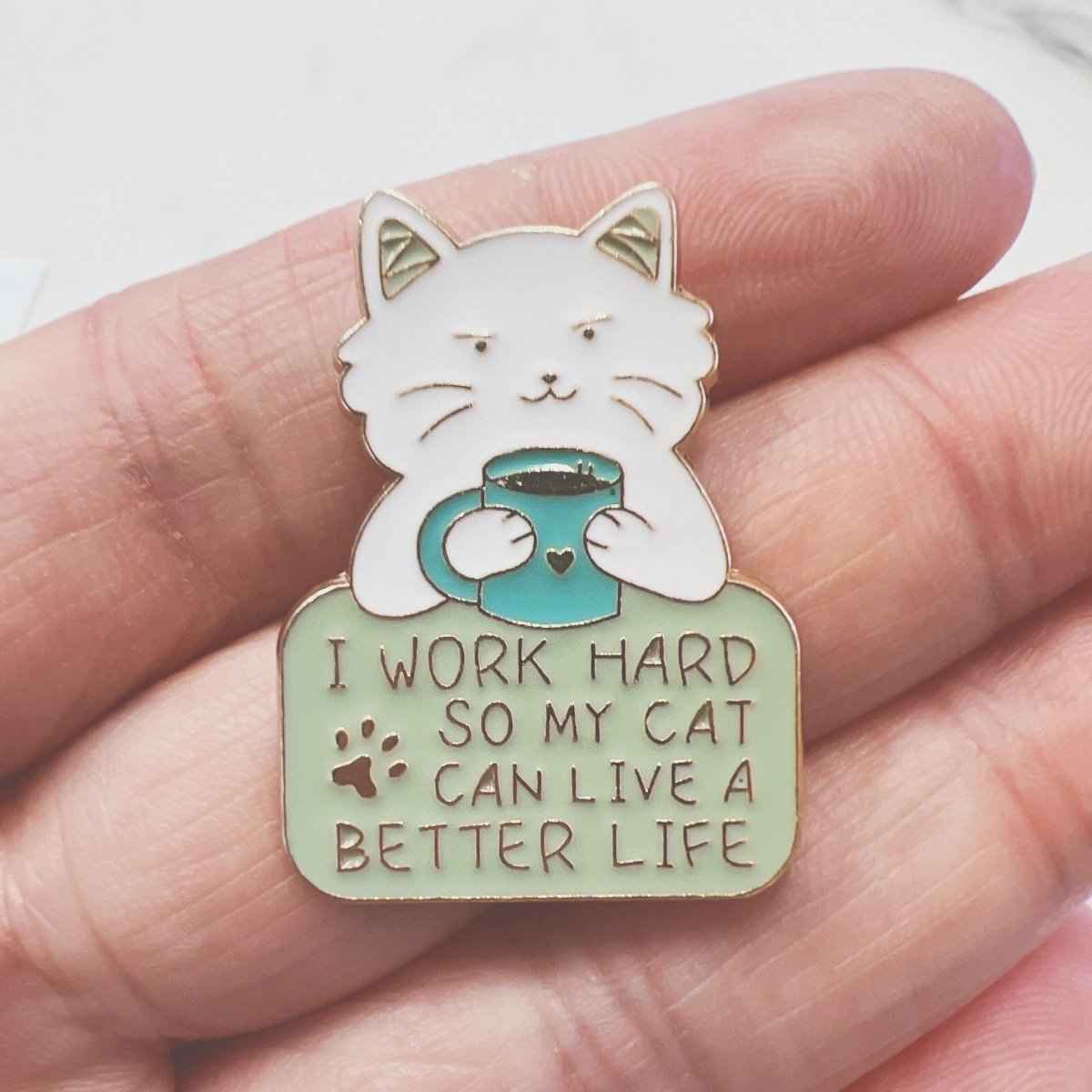 Work Hard Cat Enamel Pin – Funny Accessory for Cat Lovers