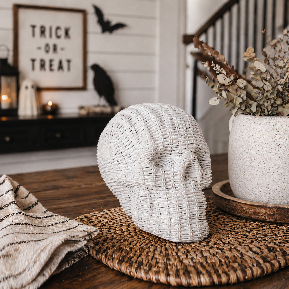 Woven Rattan-Style Skull Decor