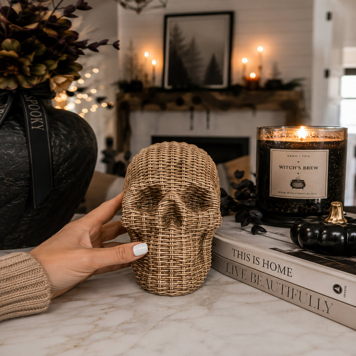 Woven Rattan-Style Skull Decor
