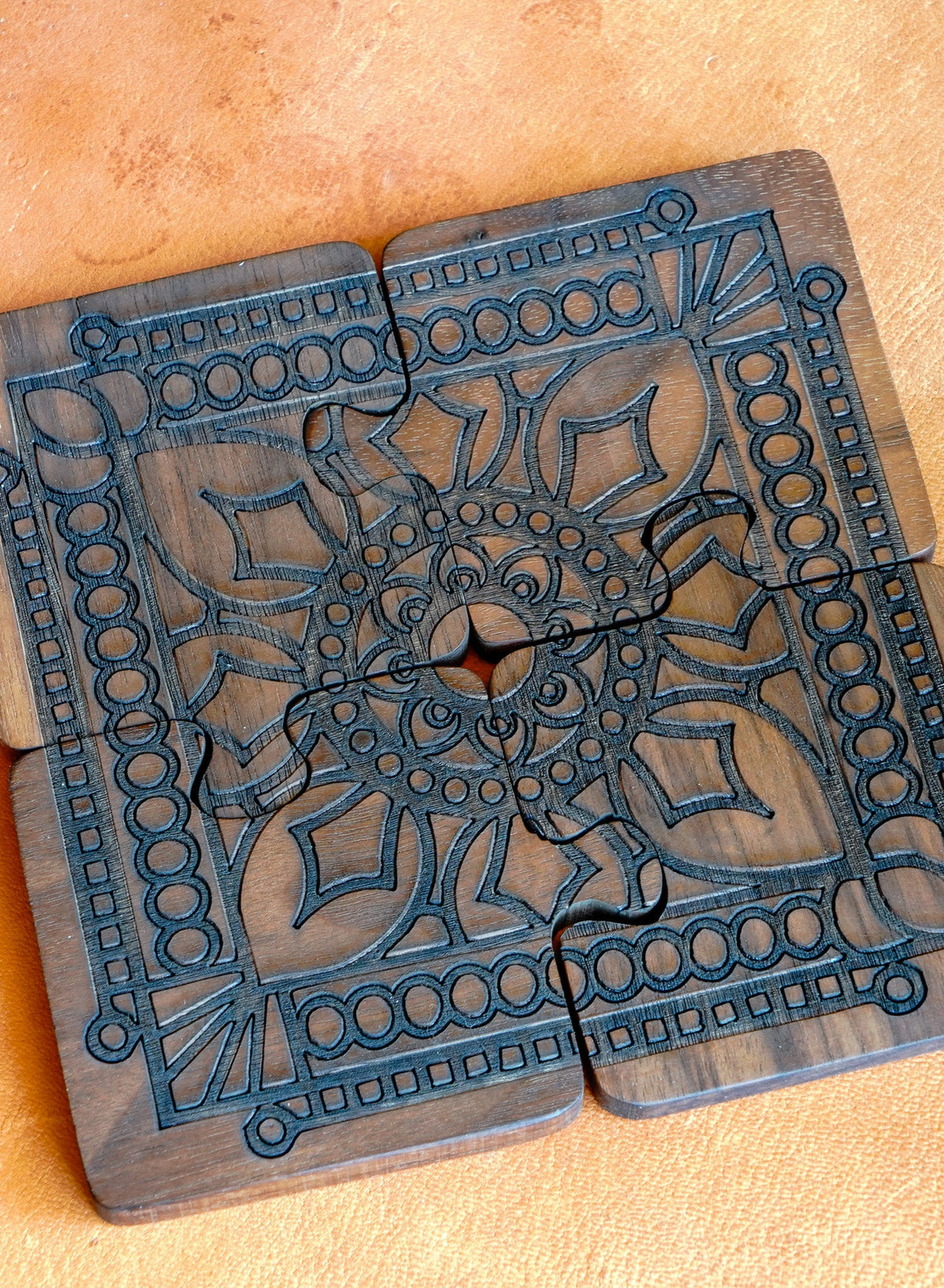 Interlocking Walnut Wood Puzzle Piece Coaster Set Trivet Combo