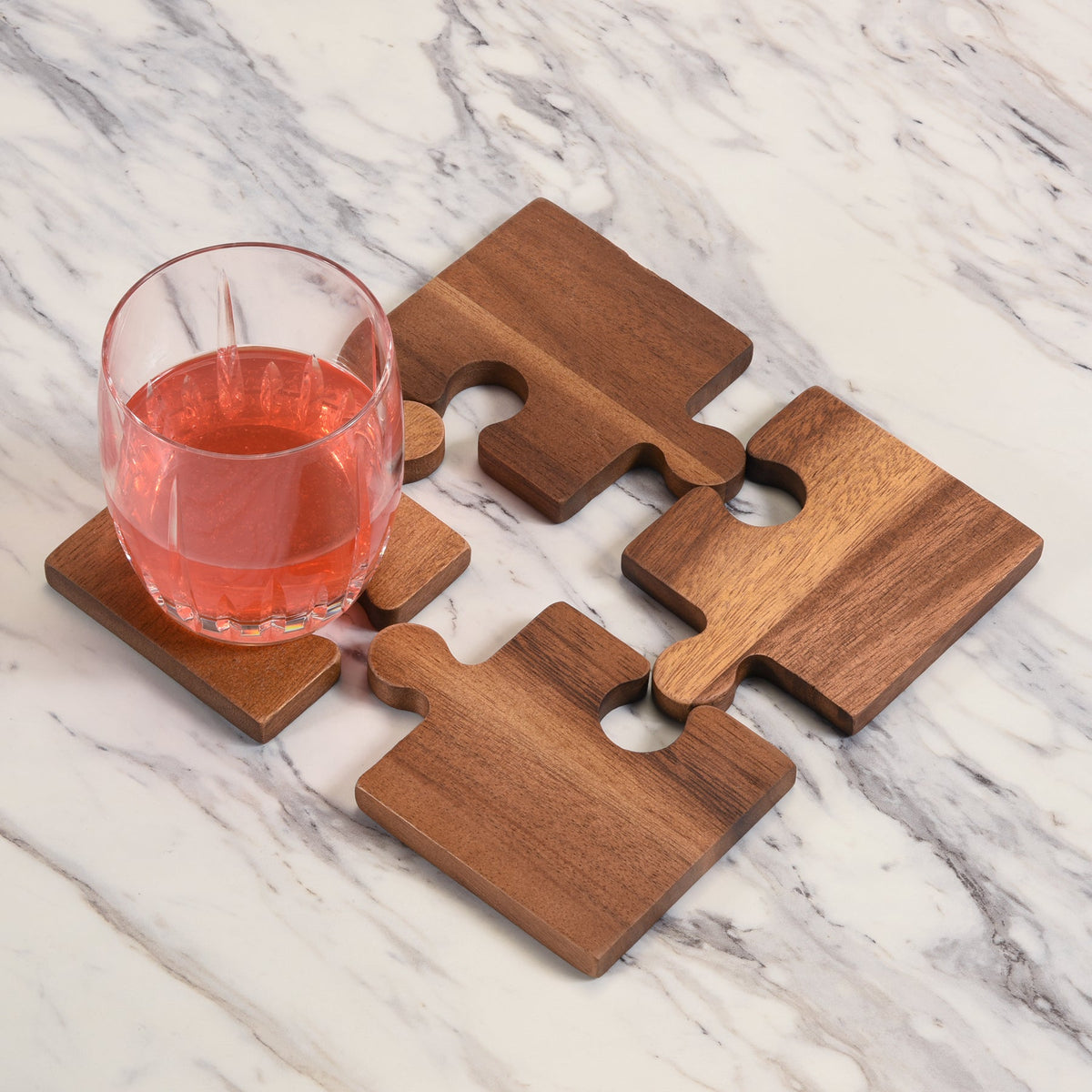 Acacia Wood Puzzle Piece Coasters & Trivet – Set of 4