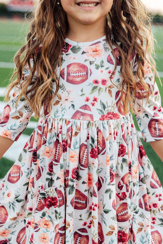 Footballs & Flowers 3/4-Sleeve Pocket Twirl Dress