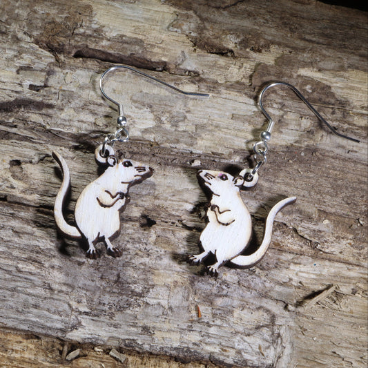 White Rat Wooden Dangle Earrings | Pet Rodent Animal Jewelry