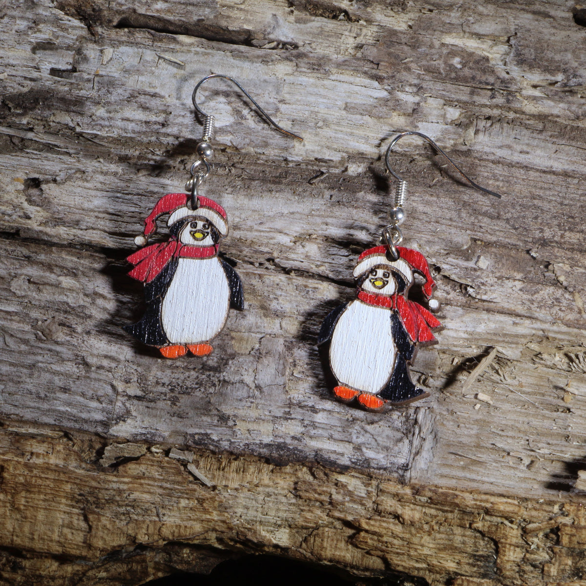 Santa Penguin Wooden Dangle Earrings | Christmas Holiday Jewelry