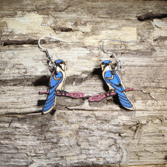 Blue Jay Wooden Dangle Earrings | Realistic Bird Jewelry