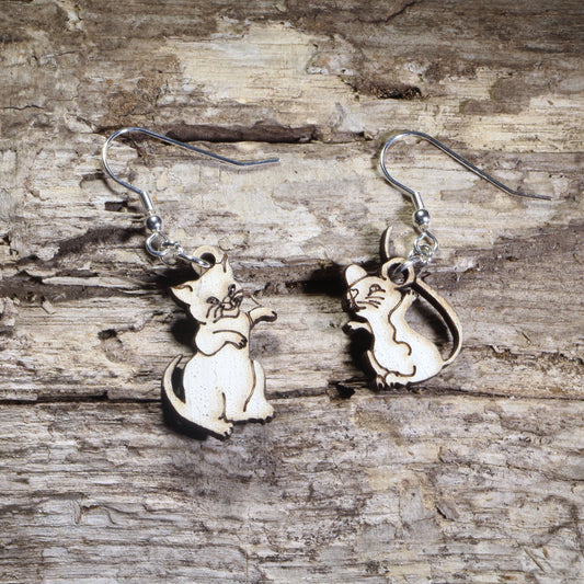 Cat and Mouse Wooden Dangle Earrings | Mismatched Animal Jewelry