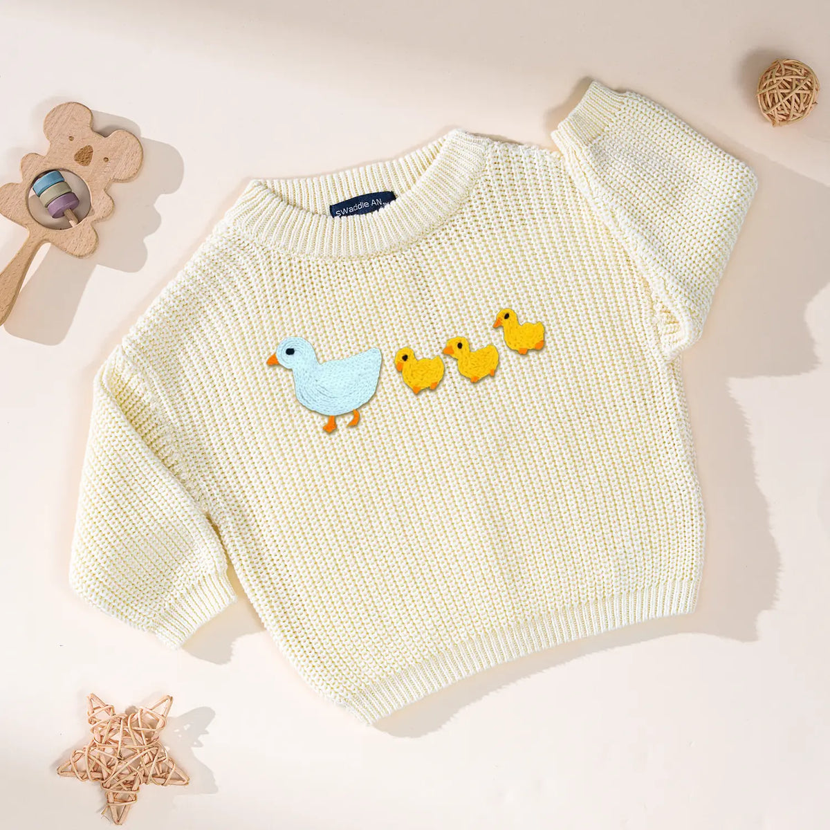 Hand-Embroidered Marching Ducks Baby Knit Sweater