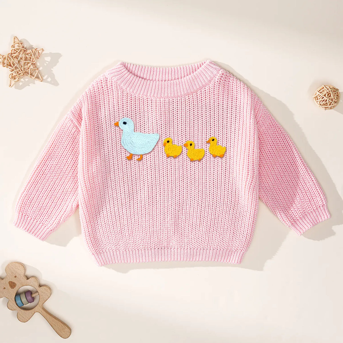 Hand-Embroidered Marching Ducks Baby Knit Sweater