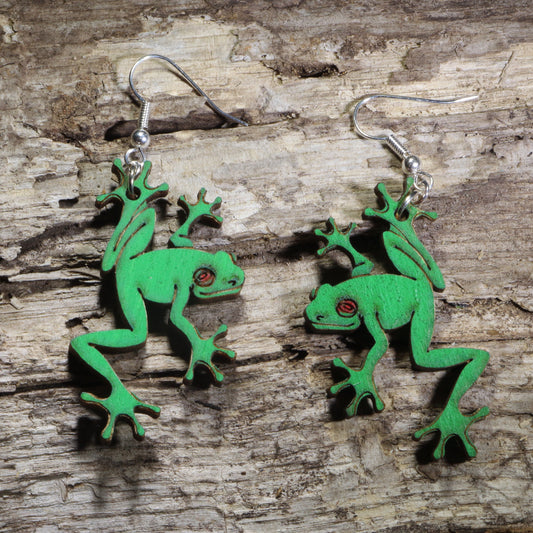Tree Frog Wooden Dangle Earrings | Rainforest Animal Jewelry
