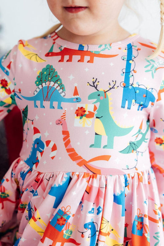 Jingle Saurus Long-Sleeve Pocket Twirl Dress