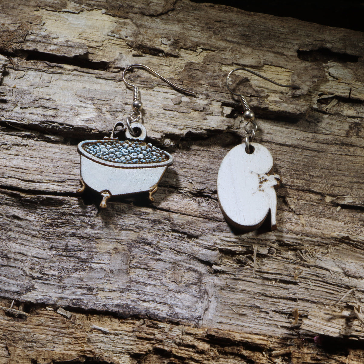 Kidney in Bathtub Wooden Dangle Earrings | Nephrology Medical Jewelry