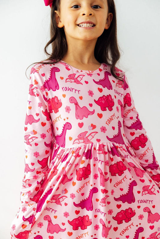 Dino Kisses Long-Sleeve Pocket Twirl Dress