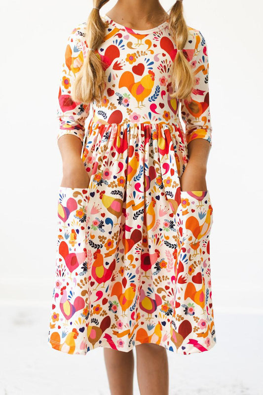 Little Red Hen 3/4-Sleeve Pocket Twirl Dress