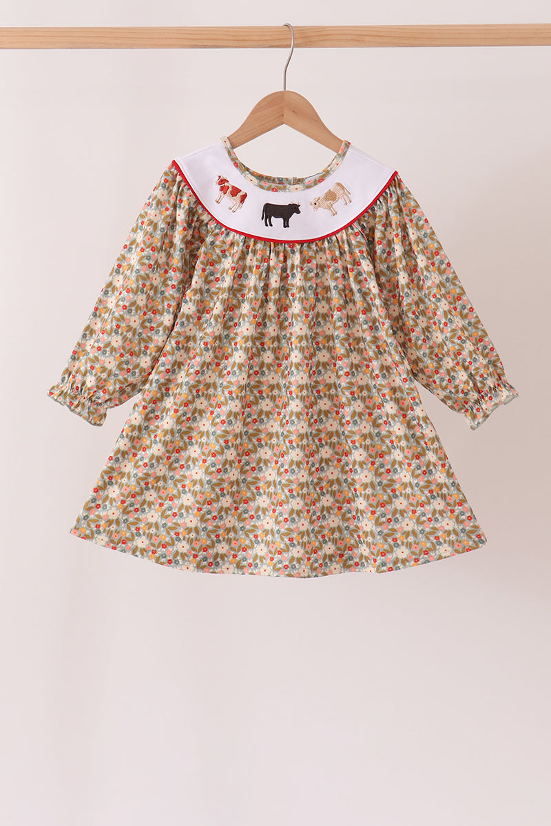 Little Farmgirl Floral Cow Embroidered Dress