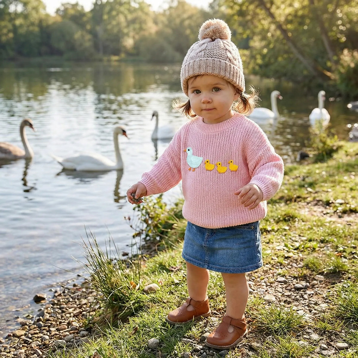 Hand-Embroidered Marching Ducks Baby Knit Sweater