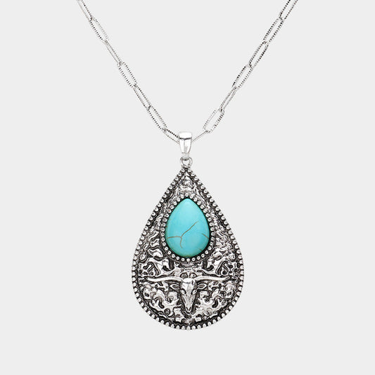 Western Teardrop Turquoise Stone Pointed Teardrop Plate Pendant Necklace