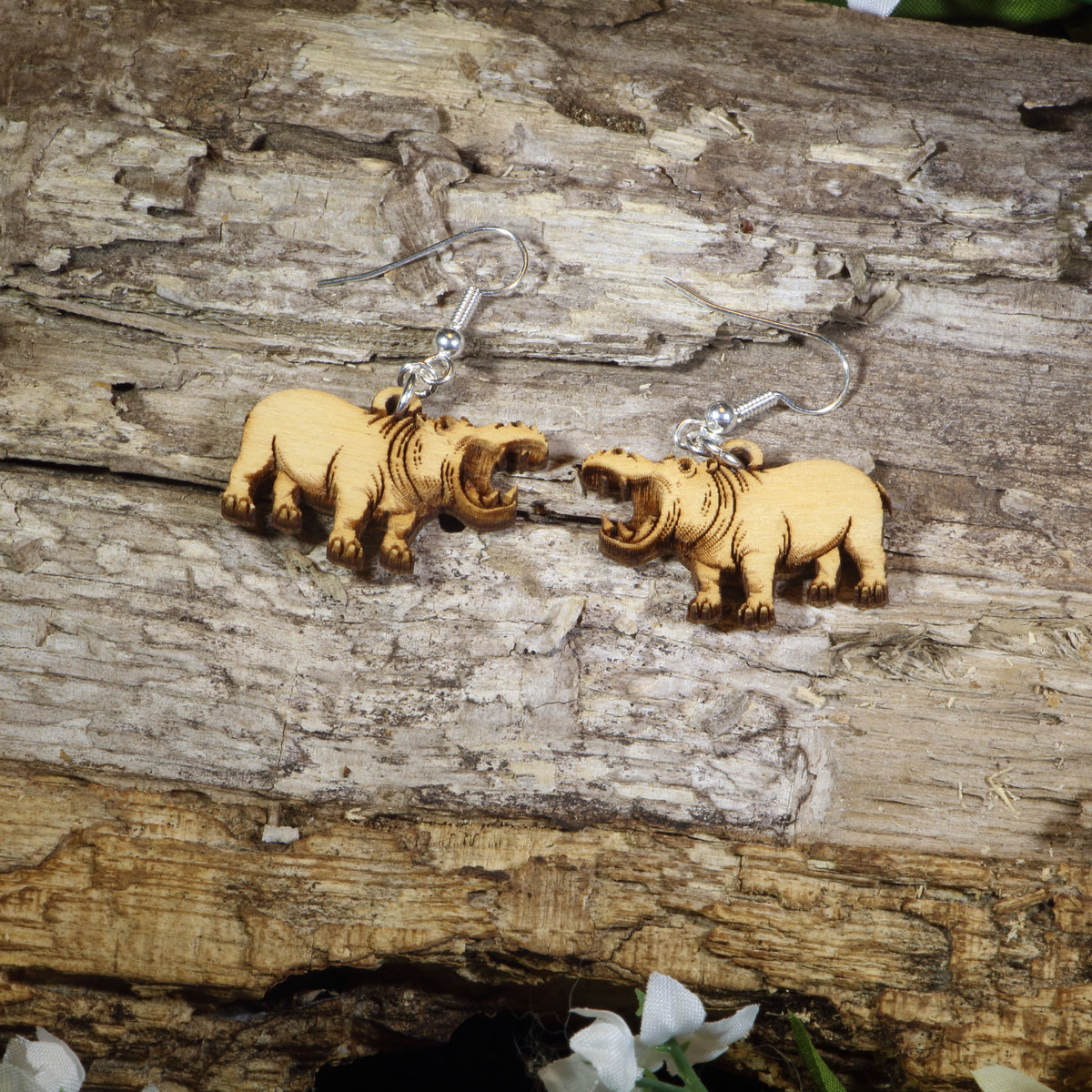 Realistic Hippo Wooden Dangle Earrings | Wildlife Animal Jewelry