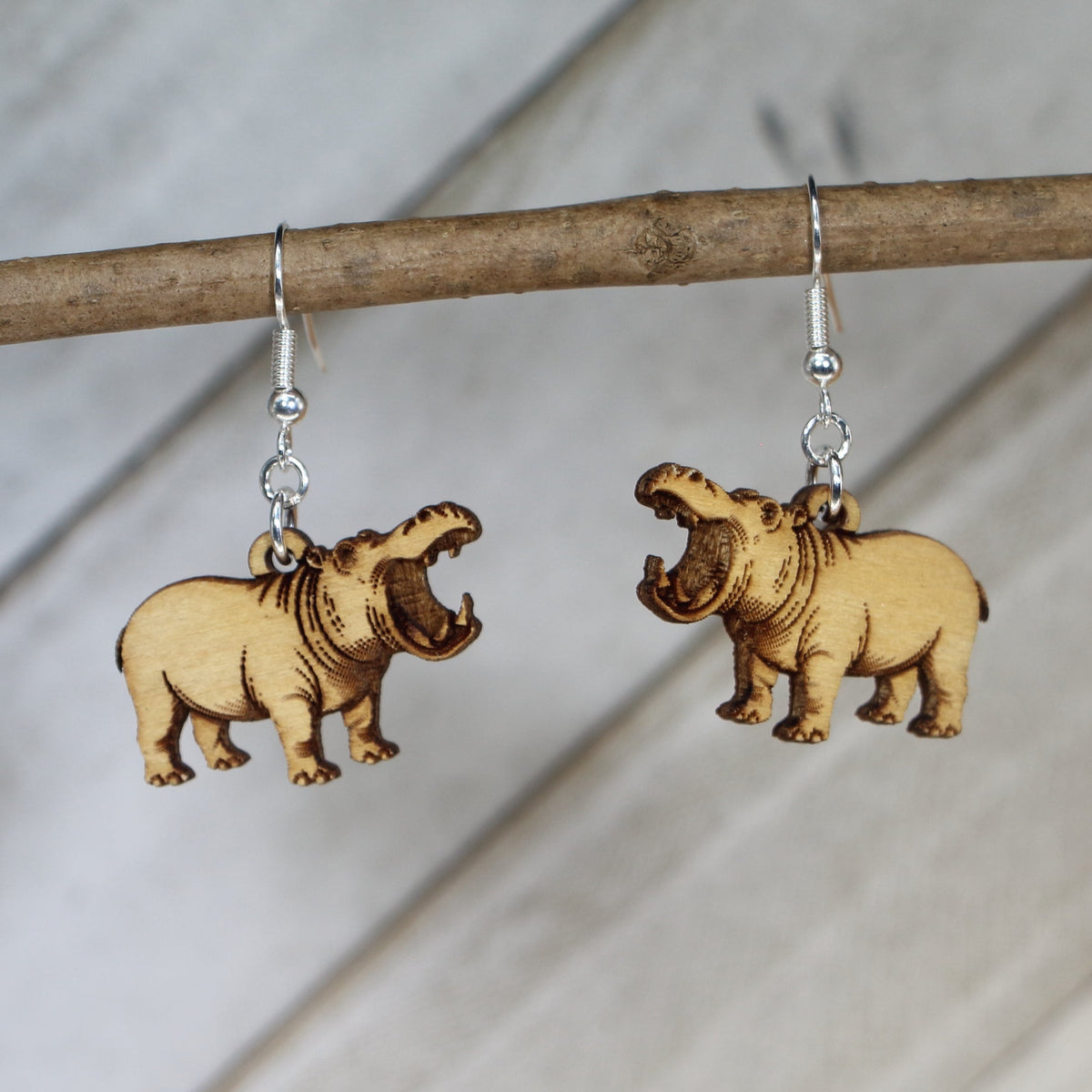 Realistic Hippo Wooden Dangle Earrings | Wildlife Animal Jewelry