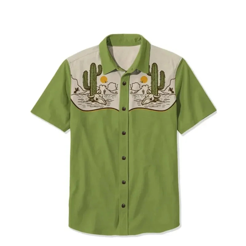Retro Western Cactus Print Men's Shirt — Camp Collar Button-Down