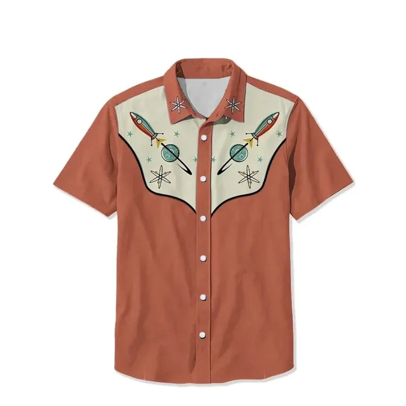 Retro Western Cactus Print Men's Shirt — Camp Collar Button-Down
