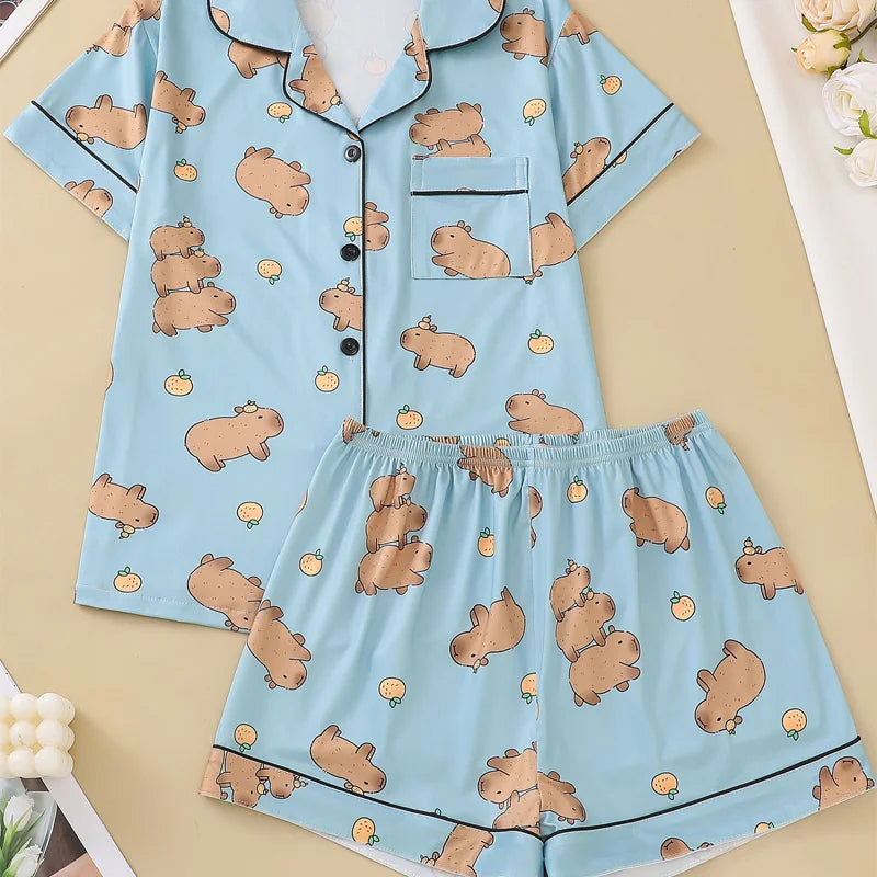 Capybara & Orange Women's Pajama Set — Short Sleeve Top & Shorts