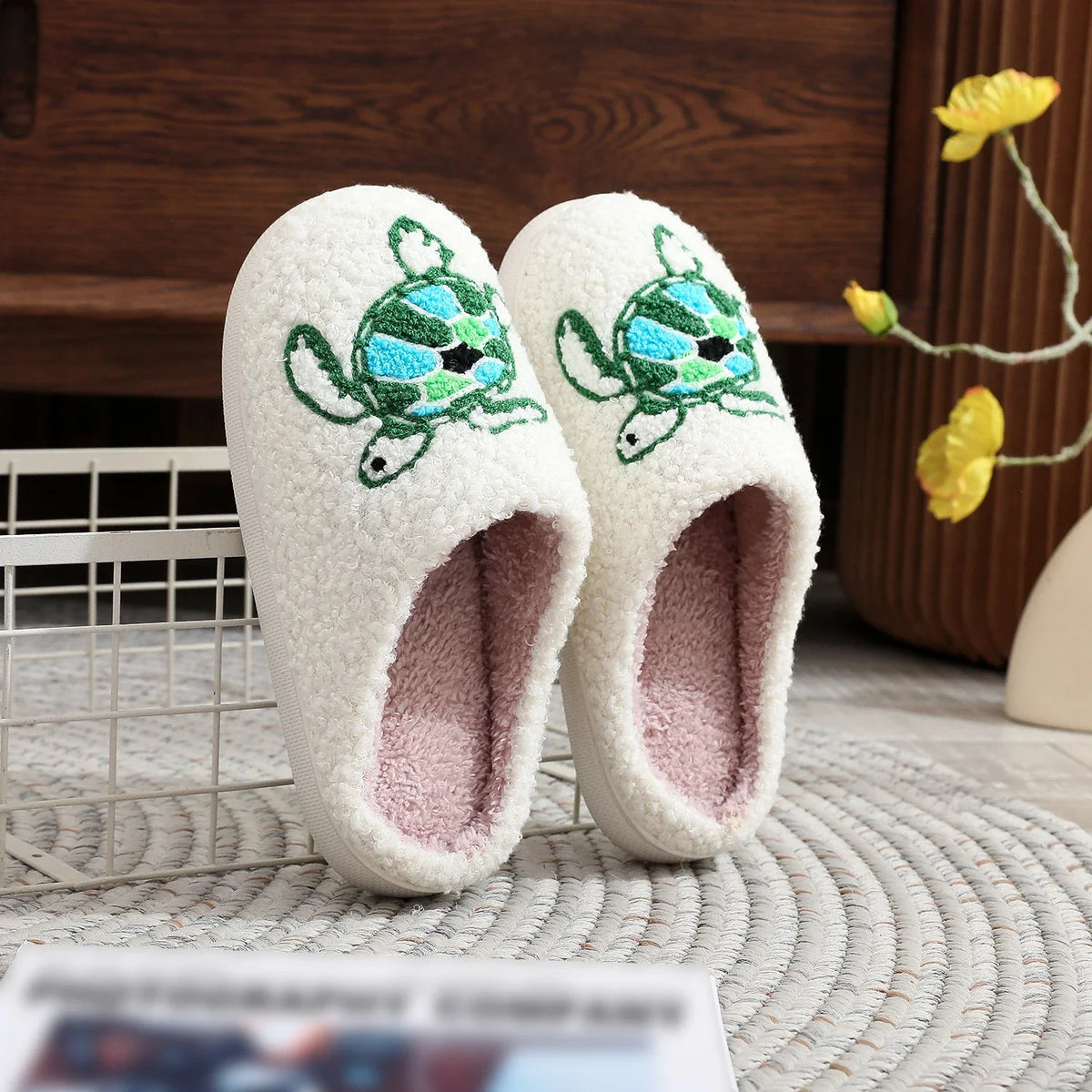 Sea Turtle Embroidered Plush Slippers — Cozy Coastal Indoor House Shoes