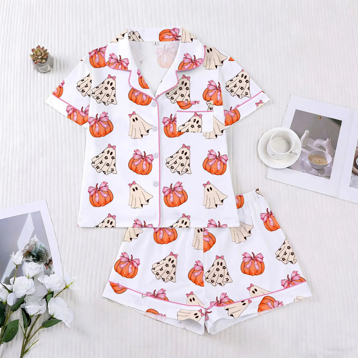 Halloween Ghost & Pumpkin Women's Pajama Set — Short Sleeve Top & Shorts